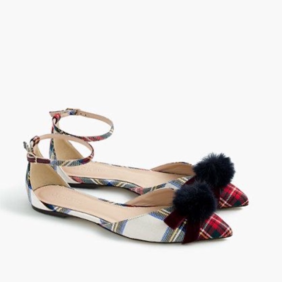 J. Crew Sadie Pom-Pom Tartan Ankle Strapped Flats In Tartan 6.5 - Picture 1 of 8
